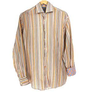 Thomas Dean Large Shirt Button Down Front Striped Orange Multicolor Contrast Cuf
